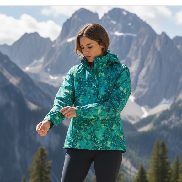 The North Face Printed Antora Raincoat Jacket Neon Green and Teal Rare NWOT - Picture 3 of 7